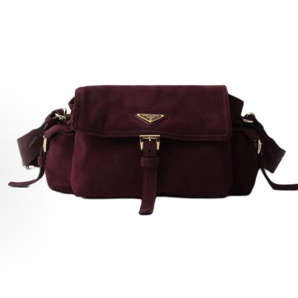 프라다 익스플로어 미디움 스웨이드 숄더백 1BD394 버건디스웨이드