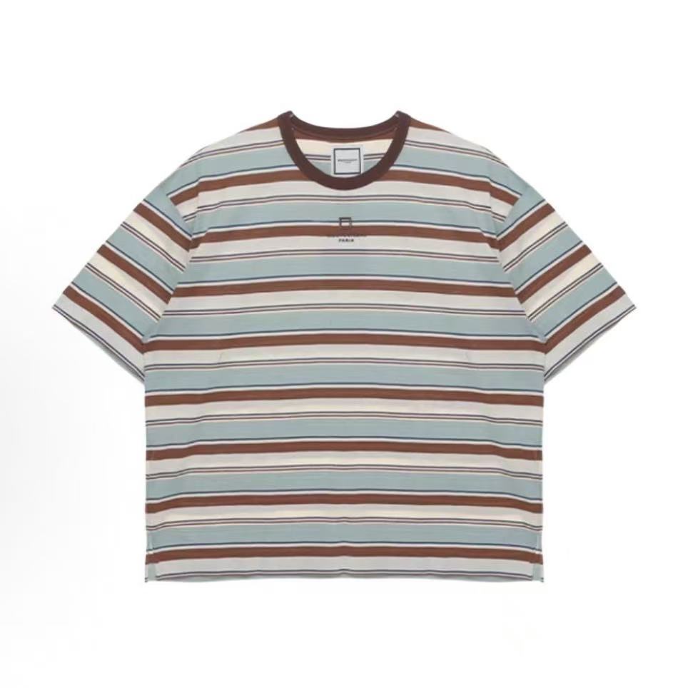 우영미 SS25 스트라이프 컴포트 미니멀 라운드넥 반소매 티셔츠 남성용 멀티컬러