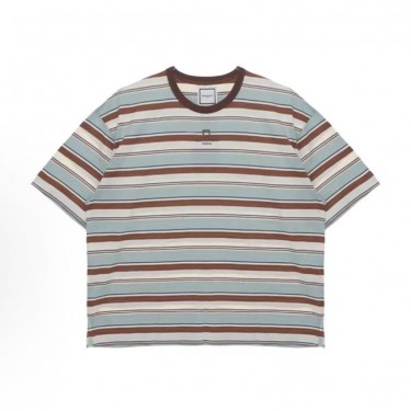 우영미 SS25 스트라이프 컴포트 미니멀 라운드넥 반소매 티셔츠 남성용 멀티컬러