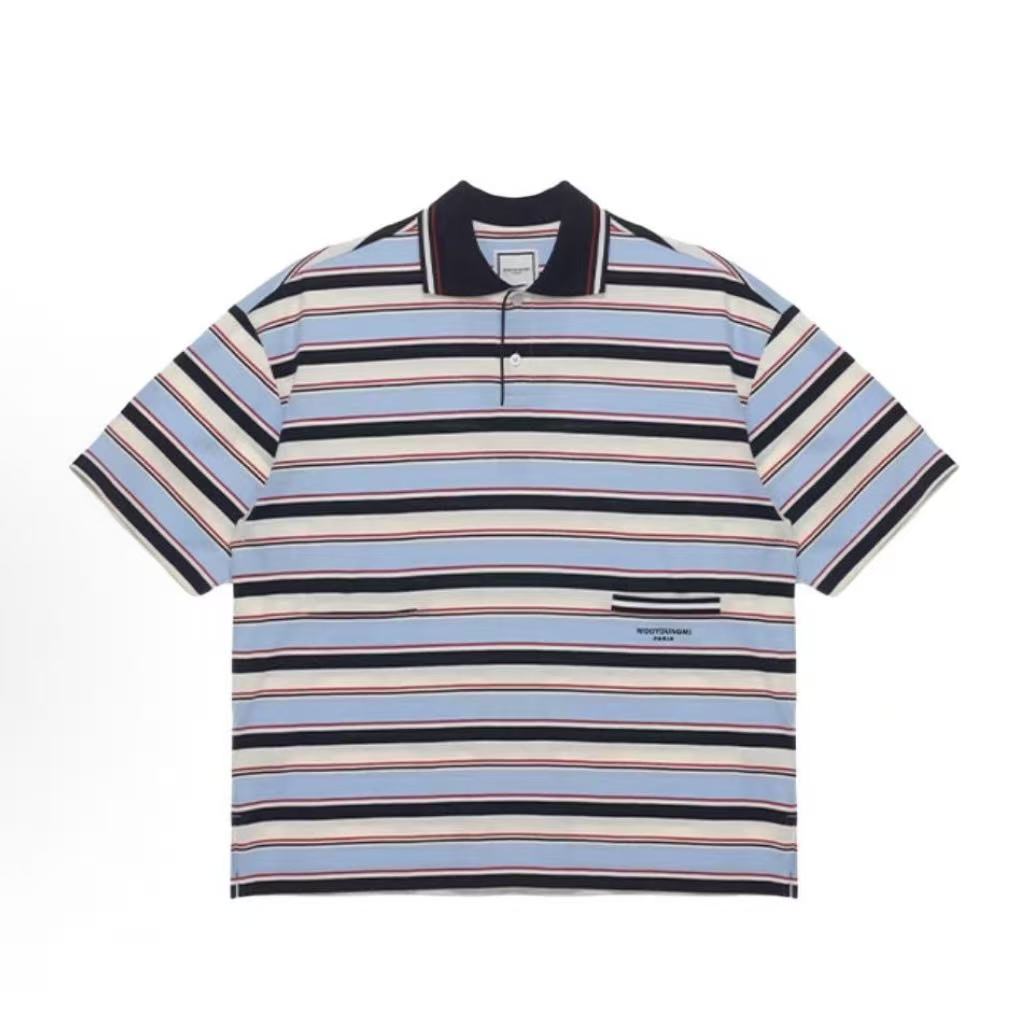 우영미 SS25 스트라이프 심플 반팔 티셔츠 남성용 블루