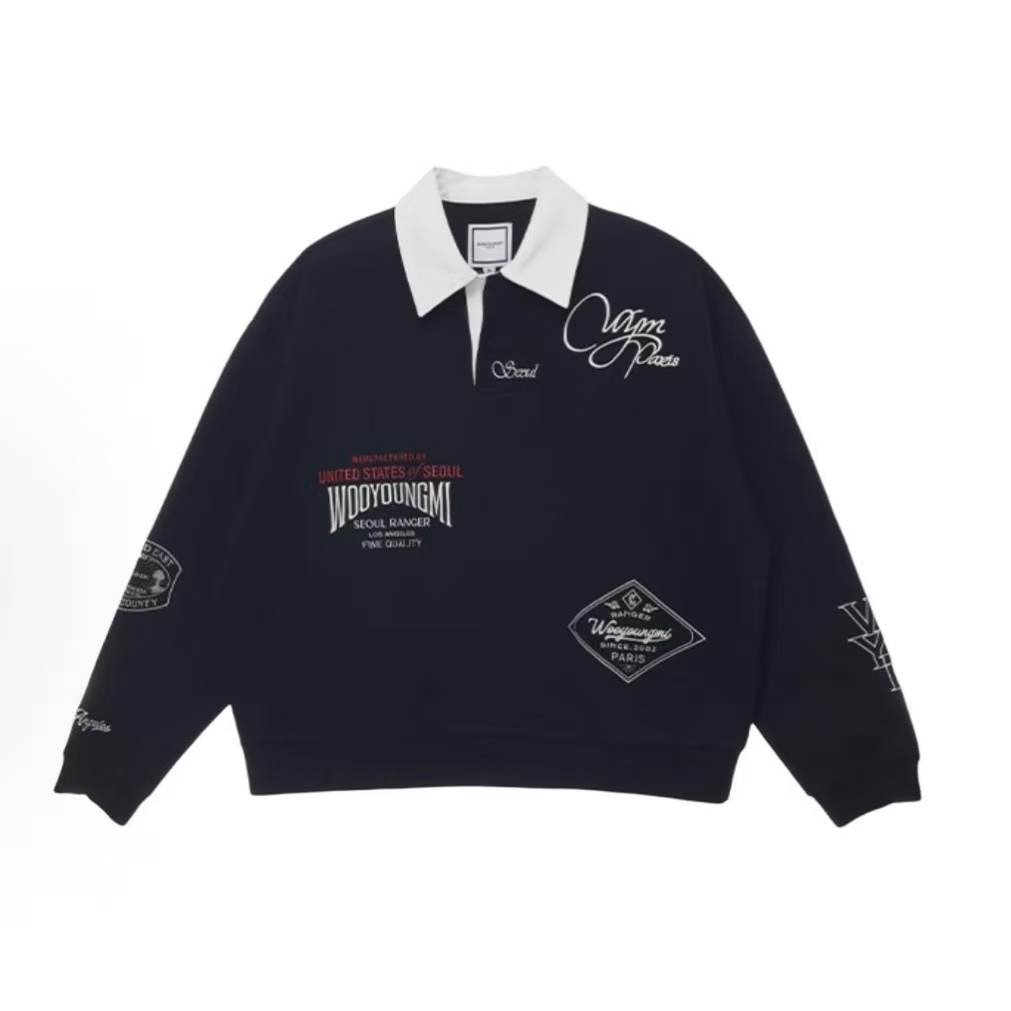 우영미 SS25 자수 패턴 칼라 긴팔 스웨트셔츠 남성용 블랙