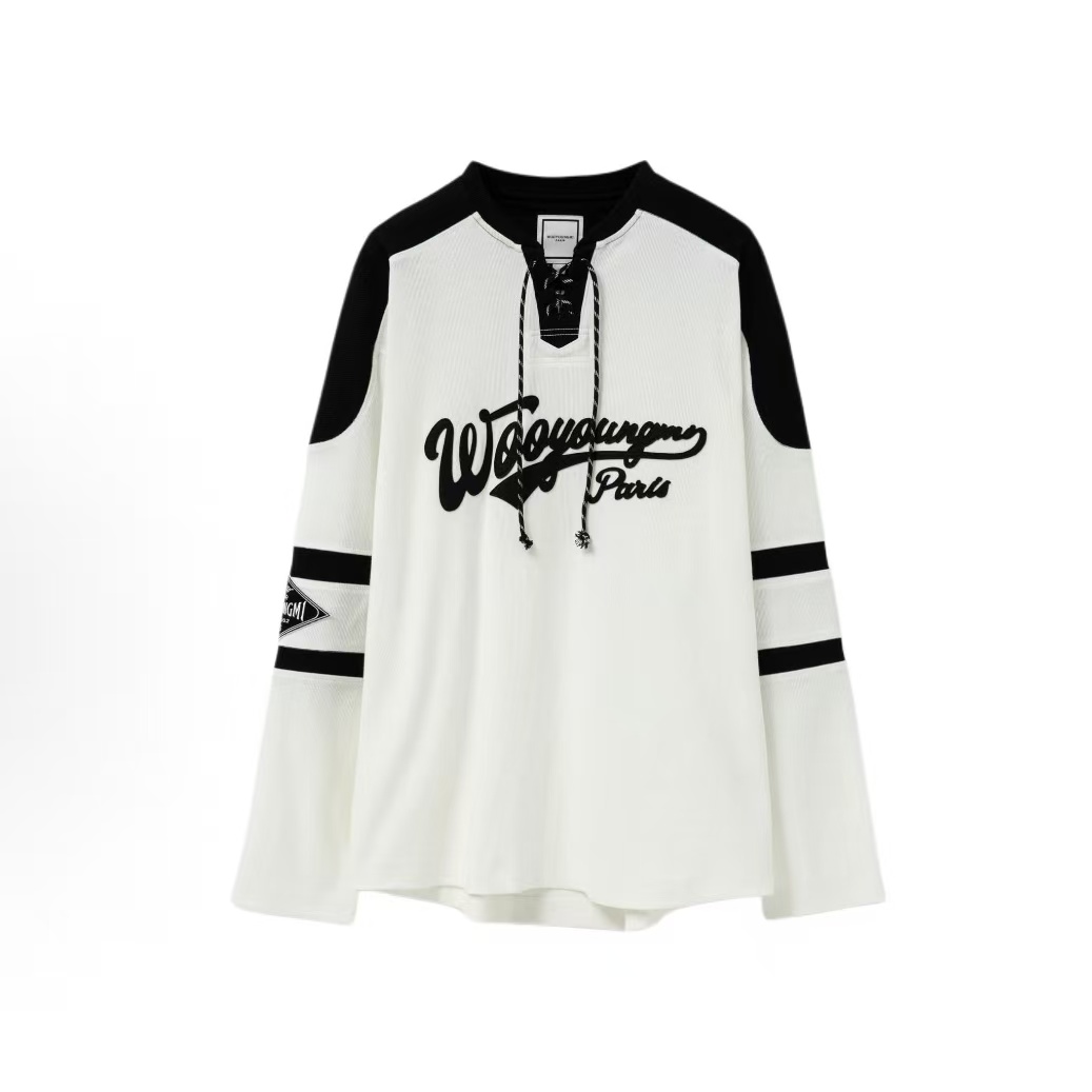 우영미 레터 드롭숄더 브이넥 스트랩 긴팔 티셔츠 남성용 화이트