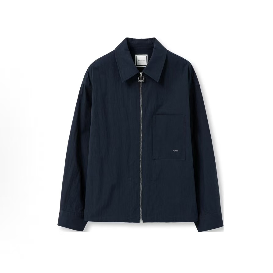 우영미 솔리드 스프레드 칼라 루즈 핏 지퍼 긴팔 셔츠 남성 네이비