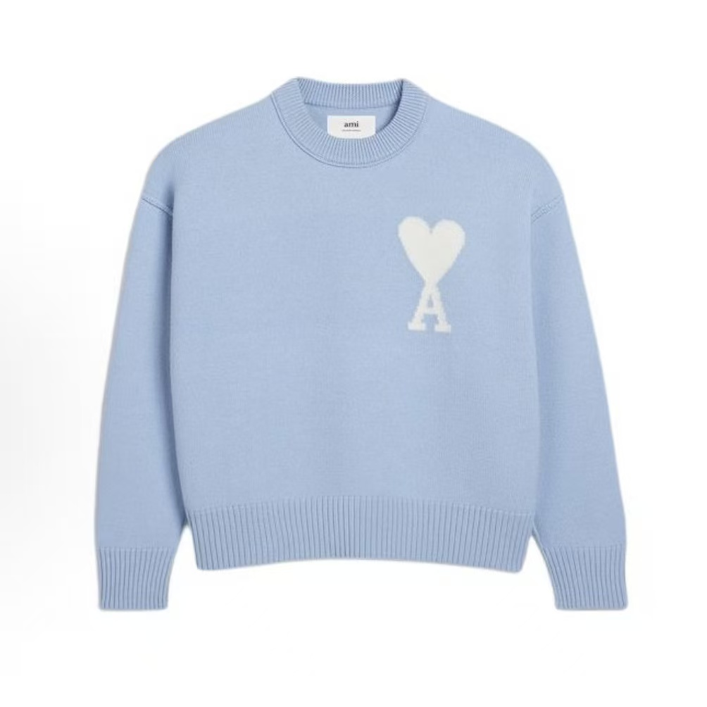 아미파리 SS24 라운드넥 하트 자수 메리노울 캐주얼 니트 스웨터 블루 (탑아미공장)