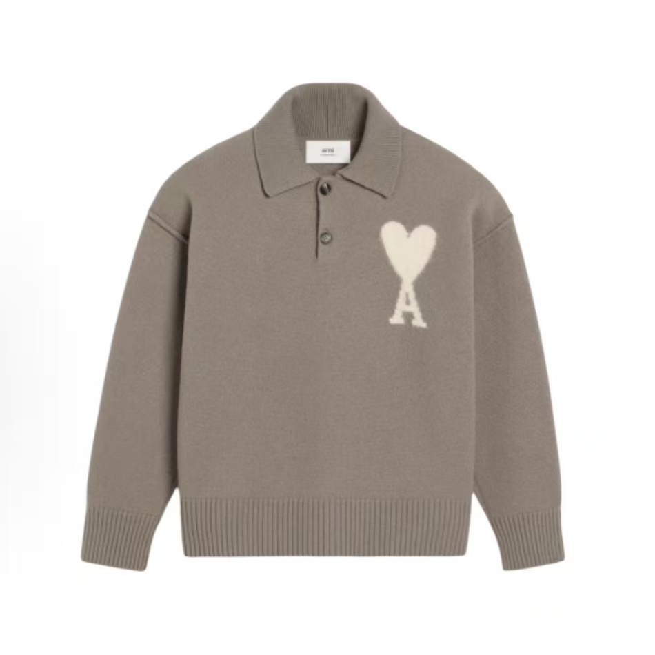 아미파리 하트 패턴 울 니트 카라 드롭숄더 폴로 스웨터 라이트 그레이 (탑아미공장)