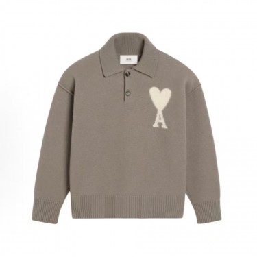 아미파리 하트 패턴 울 니트 카라 드롭숄더 폴로 스웨터 라이트 그레이 (탑아미공장)