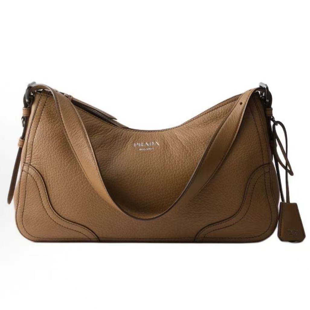 프라다 에메 보르사 아 스팔라 레터링 로고 스웨이드 라지 숄더백 1BC280 브라운