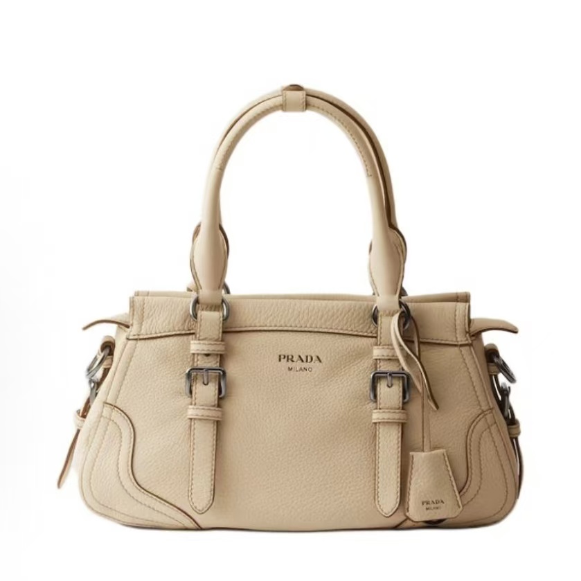 프라다 엠보싱 레터링 로고 레더 토트 쇼퍼백 1BG604 베이지