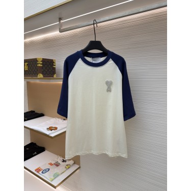 Ami Paris 크로셰 니트 패치 반팔 티셔츠 (블루/화이트 배색) (X공장)